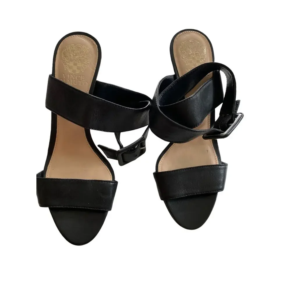 vince camuto Black Leather Wrap Around Casara Sandal heels Size 7.5 37.5